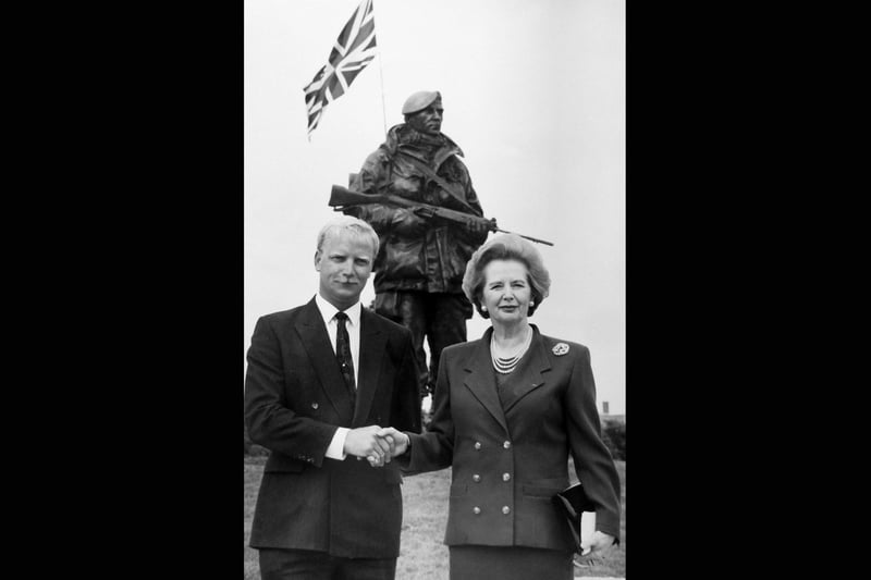 Unveiling of the Yomper statue 9th July 1992. Lady Margaret Thatcher with Cpl Peter Robinson, whose famous back view inspired the statue.