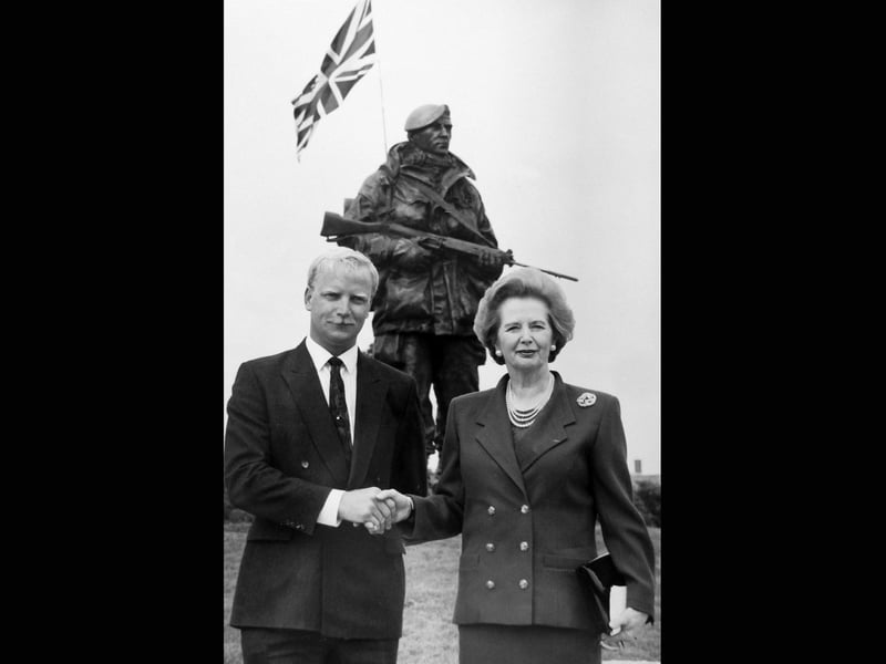 Unveiling of the Yomper statue 9th July 1992. Lady Margaret Thatcher with Cpl Peter Robinson, whose famous back view inspired the statue.