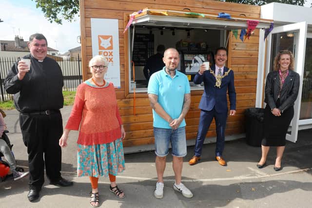 (l-r) Father Bob White, chairman of Fratton Big Local, Anna Potten, community development worker for Fratton Big Local, Keith McAllister, manager, The Lord Mayor of Portsmouth Rob Wood and Kay Coombs from Action Hampshire.
Picture: Sarah Standing (040920-3330)