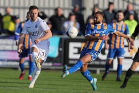 Josh Taylor, left, was sent off as Hawks suffered a 2-1 home National League South play-off semi-final loss to Dartford. Photo by Dave Haines.