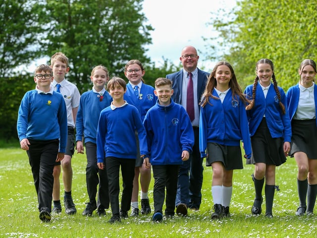 Headteacher Mr Justin Bartlett with Heads of House. Castle Primary School, Portchester, has been rated as good in the latest Ofsted report in March 2024. Picture: Chris  Moorhouse (030524-09)