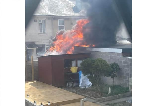 The fire erupted from a shed in Childe Square, Tipner, Portsmouth, yesterday afternoon.