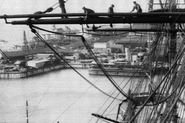 April 20, 1934: Riggers at work on Nelson's flagship, HMS Victory in Portsmouth dockyard. She was re-rigged every five years and would be ready in time for Navy Week when thousands of visitors would look around her. Picture: Getty.