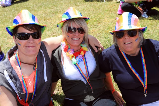 From left, Rachel Spindlow, Dawn Lee and Sian Wiltshire. Portsmouth Pride, Southsea Common. Picture: Chris Moorhouse (jpns 110622-17)
