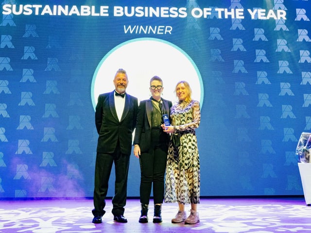 Mark Collins with Sustainable Business of the Year winners Charlotte Cornelius Jewellery Design.  Picture: Keith Woodland (270321-148)