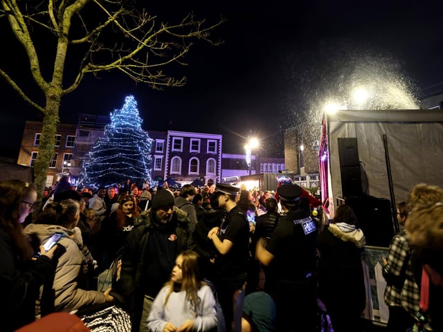 The Christmas tree lit up in Gosport High Street.
