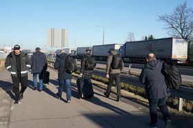 Ukrainian men make their way back to their homes at the Dorohusk border crossing between Poland and Ukraine Picture: Janek Skarzynski/AFP via Getty Images