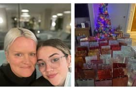 Lisa Henning and daughter Emmy Grace and some of the books they collected