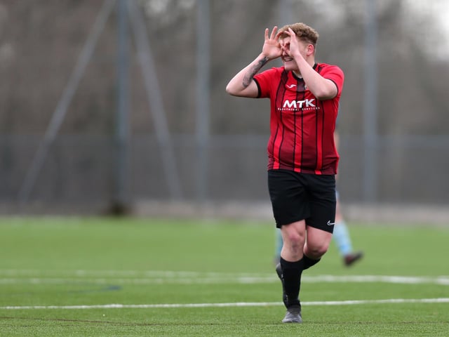 Jack Goldring celebrates his goal. Horndean Utd v Portchester Rovers, Mid-Solent League. Picture: Chris Moorhouse (jpns 250223-39)