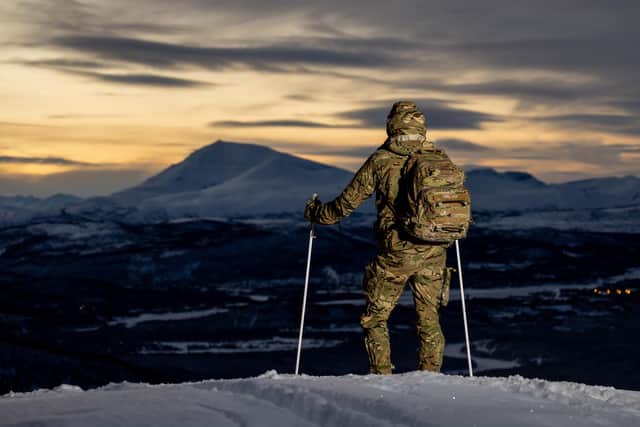 Pictured, a Royal Marine Commando on skies during the Cold Weather Winter Warfare Course at Malselv.