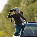 Family of mother and kids observing and photographing the spectacle of the migratory waterbirds from their car.