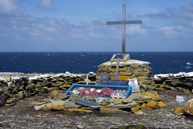 Memorial to HMS Sheffield, a Type 42 destroyer, which sank off the coast of Sealion Island during the Falklands War in 1982.