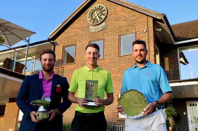 Flashback to August 2019 - (From left) Cole Scuttle winner Toby Burden (Hayling GC), Courage Trophy winner Billy McKenzie, and Hampshire, Isle of Wight and Channel Islands Mid Amateur Champion Martin Young (Brokehnhurst Manor GC) pictured at Blackmoor GC. Picture: Andrew Griffin.