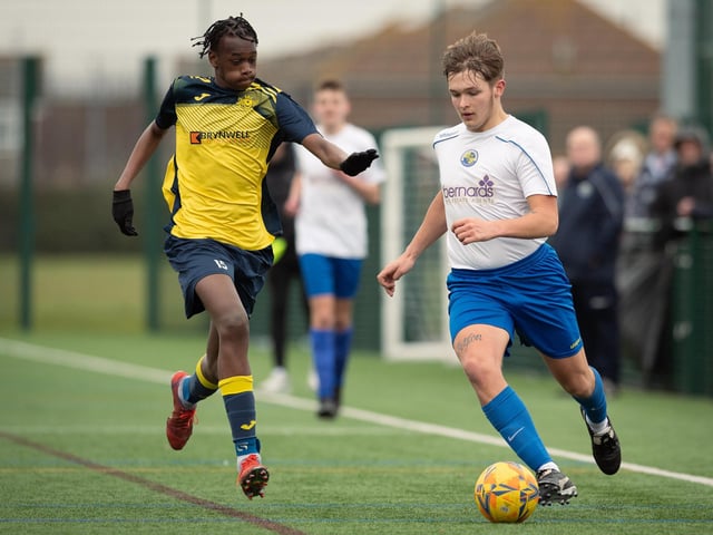 Action from Moneyfields U18s' 9-1 win at home to Hawks Community Youth U18s (white shirts) in the Hampshire Development League Under-18 Division East. Picture: Keith Woodland (120321-1105)