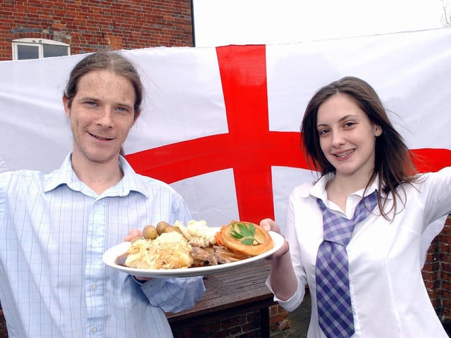 Deputy manager Thomas Lowe and waitress Phillipa Cox celebrate St George's Day (061743-35)