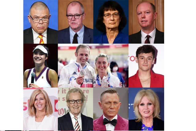 Top row, left to right - Deputy Chief Medical Officer for England Professor Jonathan Van Tam (Knighthood), Chief scientific adviser Sir Patrick Vallance (Knight Commander of the Order of the Bath), Chief executive of the UK Health Security Agency Dr Jenny Harries (Damehood), Chief Medical Officer for England Professor Chris Whitty (Knighthood); recipients from the field of sport.
Second row, left to right: Emma Raducanu (MBE), Jason Kenny (Knighthood) Laura Kenny (Damehood) and Tom Daley (MBE); and recipients from the field of entertainment Bottom row, left to right: Kate Garraway (MBE), William Roache (OBE), Daniel Craig (CMG) and Joanna Lumley (Damehood) Picture: PA Wire