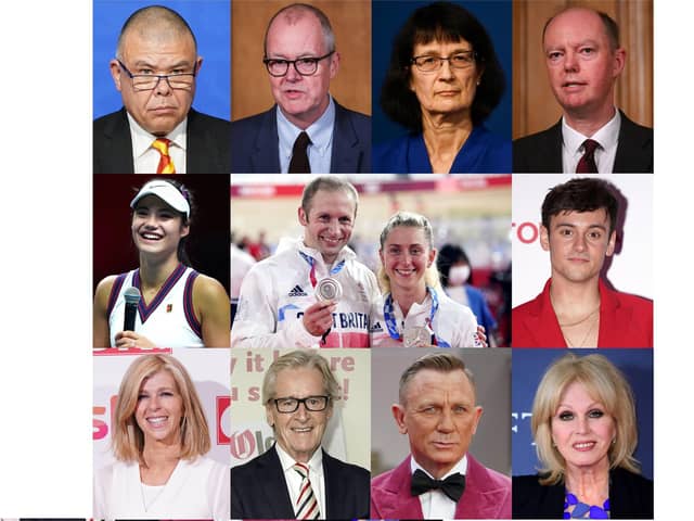 Top row, left to right - Deputy Chief Medical Officer for England Professor Jonathan Van Tam (Knighthood), Chief scientific adviser Sir Patrick Vallance (Knight Commander of the Order of the Bath), Chief executive of the UK Health Security Agency Dr Jenny Harries (Damehood), Chief Medical Officer for England Professor Chris Whitty (Knighthood); recipients from the field of sport.
Second row, left to right: Emma Raducanu (MBE), Jason Kenny (Knighthood) Laura Kenny (Damehood) and Tom Daley (MBE); and recipients from the field of entertainment Bottom row, left to right: Kate Garraway (MBE), William Roache (OBE), Daniel Craig (CMG) and Joanna Lumley (Damehood) Picture: PA Wire