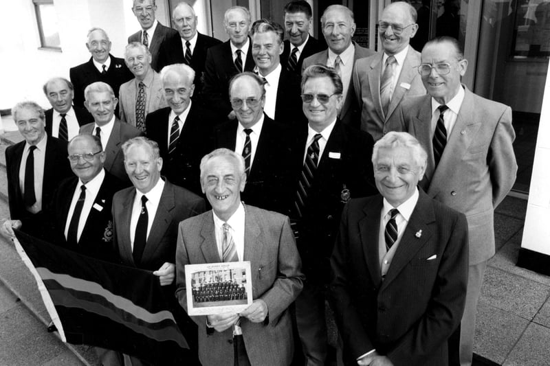 Former members of 432 Squad based at Eastney, who all joined-up fifty-years to the day, gathered at their reunion at the Royal Sailors Home Club at Queen Street, Portsea, 1995. Picture: The News PP5145