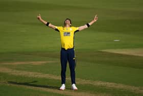 Shaheen Afridi celebrates bowling Tim Murtagh for his fourth wicket in four balls. Photo by Alex Davidson/Getty Images.