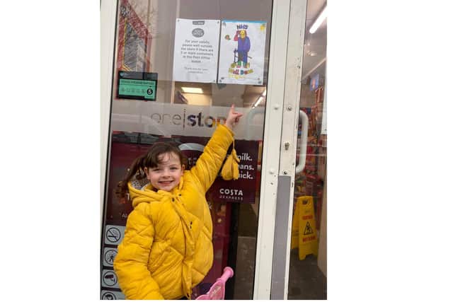 Vegas Edwards, 5 from Paulsgrove, coloured in a lovely image of Sir Captain Tom Moore which is being displayed in her local One Stop store
