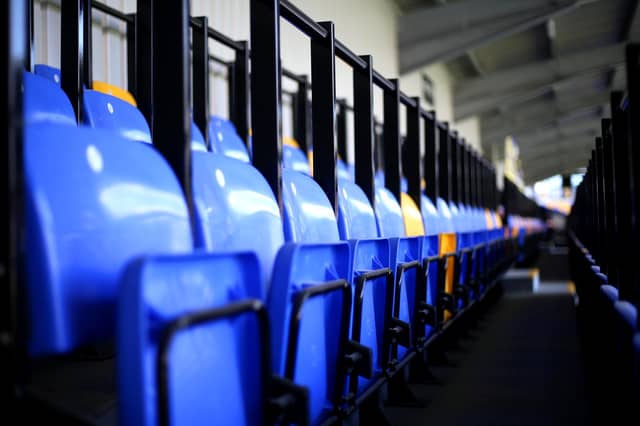 WIMBLEDON, ENGLAND - APRIL 05: A detailed view of safe standing seats inside the stadium prior to the Sky Bet League One match between AFC Wimbledon and Fleetwood Town at Plough Lane on April 05, 2021 in Wimbledon, England. Sporting stadiums around the UK remain under strict restrictions due to the Coronavirus Pandemic as Government social distancing laws prohibit fans inside venues resulting in games being played behind closed doors. (Photo by James Chance/Getty Images)