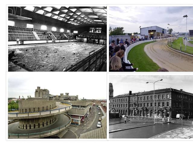 A collage of four of the buildings readers said they want back. From top-left, the Victoria Swimming Baths and Portsmouth Stadium. From bottom-left, the Tricorn and the General Post Office building.