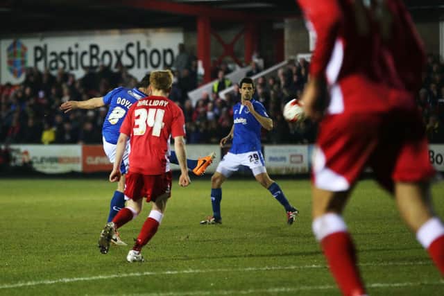 Michael Doyle produced a stunning volley in Pompey's 3-1 triumph at Accrington in March 2016. Picture: Joe Pepler