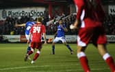 Michael Doyle produced a stunning volley in Pompey's 3-1 triumph at Accrington in March 2016. Picture: Joe Pepler