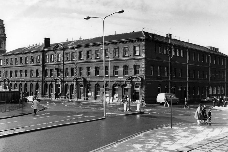 The Post Office in Commercial Road on the corner of Stanhope Road 1970s. The Guildhall clocktower to the left.