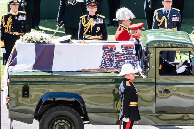 File photo dated 17/04/21 of Head of the Royal Marines Major General Matthew Holmes (front, white helmet) serving as a pall bearer at the funeral of the Duke of Edinburgh in Winsdor Castle.