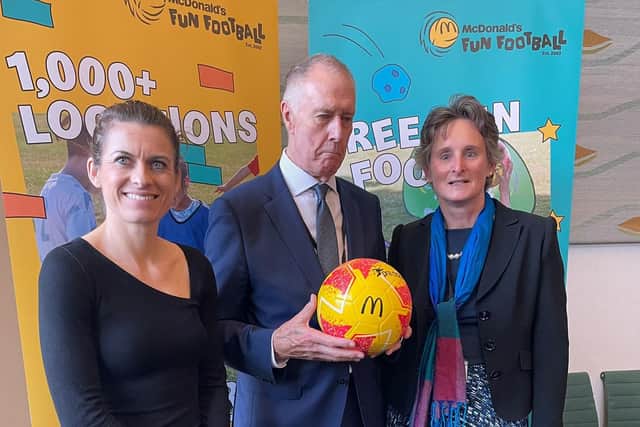 From left, Lioness Karen Carney, Sir Geoff Hurst and Meon Vally MP Flick Drummond