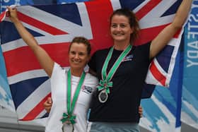 Eilidh McIntryre, right, and Hannah Mills,  finished fifth in the 470 World Championships in Portugal after being penalised in the last race. Picture: Charly Triballeau/Getty Images.