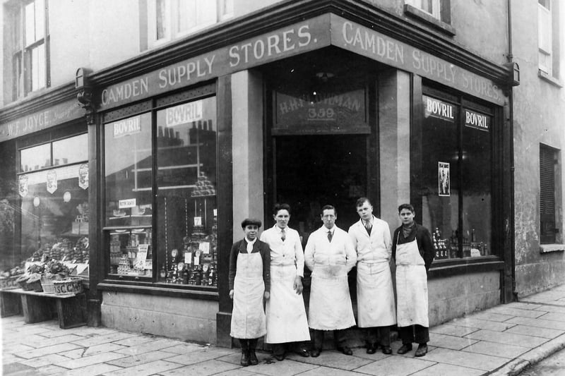 Shopkeeper Horace Henry Plowman (1889-1959) pictured centre with some of his staff. He was the owner of the grocery shop at 359 Forton Road, Gosport.