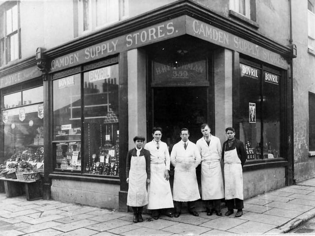 Shopkeeper Horace Henry Plowman (1889-1959) pictured centre with some of his staff. He was the owner of the grocery shop at 359 Forton Road, Gosport.