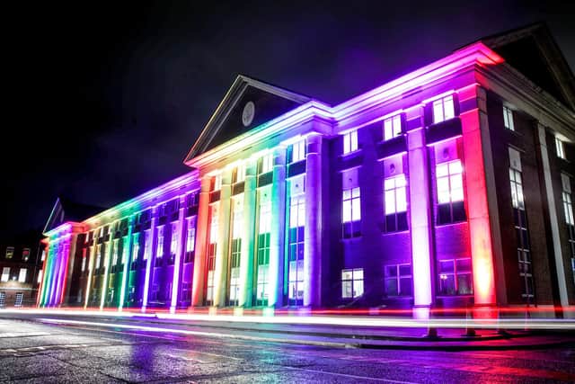 Victory Building at Portsmouth Naval Base was previously illuminated with the colours of the rainbow flag. Picture: LPhot Rory Arnold