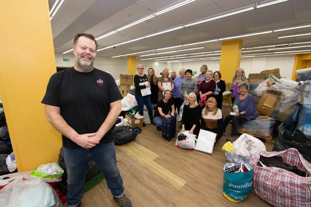 Stella s Voice Charity call for space as they become overwhelmed with aid for Ukraine on Thursday 10th March 2022Pictured: Wayne Keeping- Operations Director and his team with the donations at the Merdian Centre, Havant on Thursday 10th March 2022Picture: Habibur Rahman