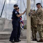 The moment the Royal Navy flag was lowered and the British Army flag raised at today's ceremony to mark the transferring of command of the Joint Services Adventure Sail Training Centre in Gosport
Photographer: Corporal Rob Kane