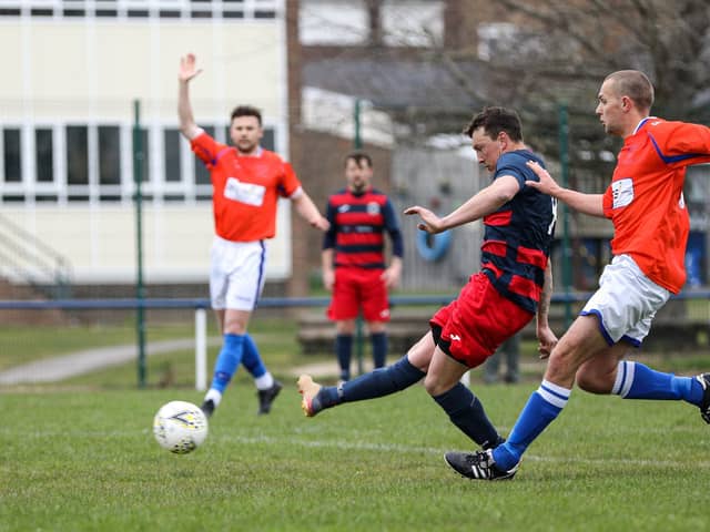 Danny Lane scores for Paulsgrove against Denmead. Picture: Chris Moorhouse