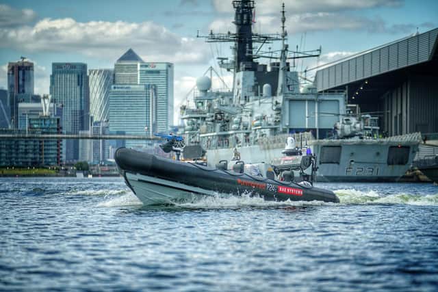 The first crewless boat for general duties with the Royal Navy has been launched, ready for trials to see how it  and similar craft  might fit into the fleet of tomorrow.
Photo: Julian Hickman www.1blueharbour