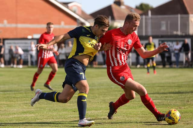 Joe Briggs, left, was among the scorers during Moneyfields' 4-2 FA Cup win against Camberley. Picture: Chris Moorhouse