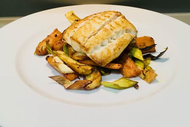 Brill, roast vegetables, chilli, garlic and rosemary dressing for Valentine's Day, by Lawrence Murphy