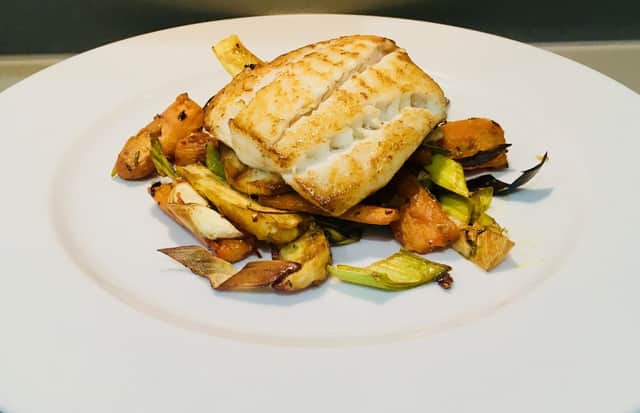 Brill, roast vegetables, chilli, garlic and rosemary dressing for Valentine's Day, by Lawrence Murphy