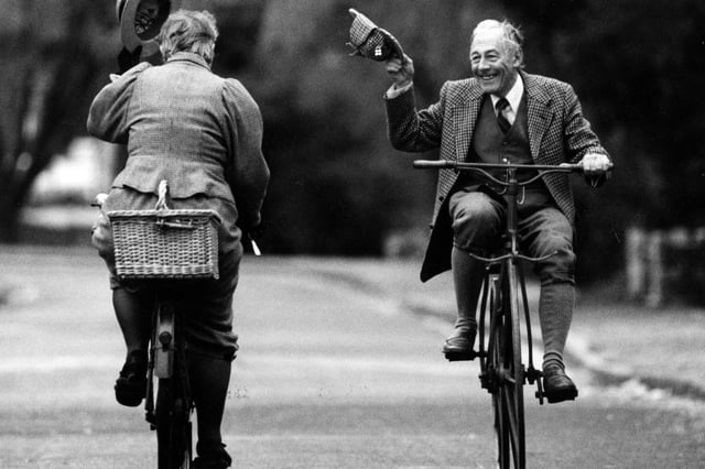Mike Edwards, on an 1886 bone-shaker, greets Audrey Marks on her 1896 Humber at the start of the Solent Veteran Bicycle and Tricycle Club's Christmas outing at Hilsea Lido in December 1992. The News PP5530