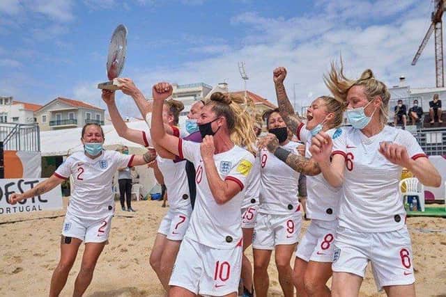 England celebrate with their Beach Soccer silverware. Picture: England Beach Soccer.
