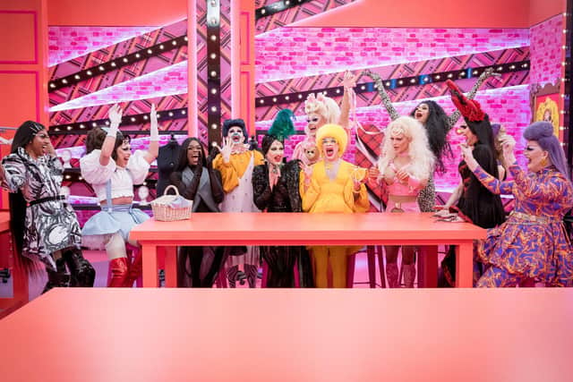 RuPaul's Drag Race UK series 2, episode 1, Picture shows all of  the Queens, with Joe Black centre, in black. Picture by World of Wonder / Guy Levy