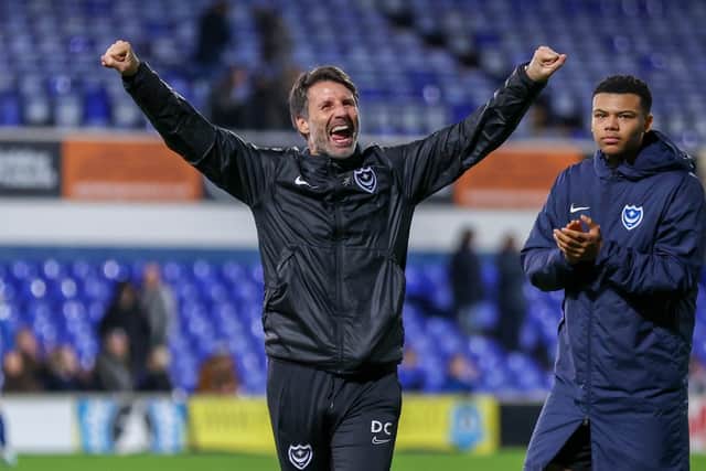 Pompey boss Danny Cowley celebrates Pompey round of 32 win against Ipswich in midweek