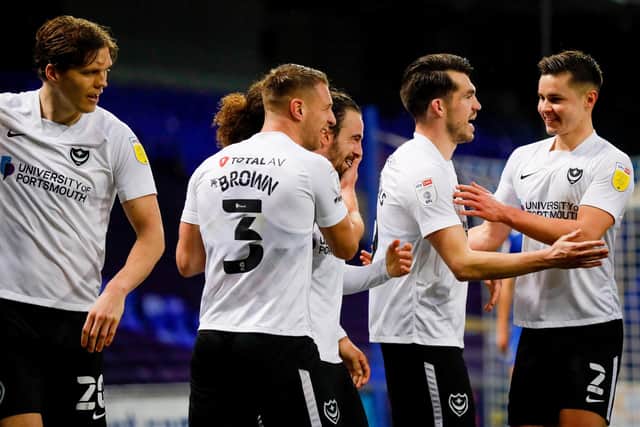 Pompey celebrate Ryan Williams' second goal at Ipswich. Picture: Simon Davies