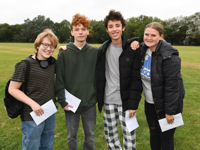 GCSE exam results day at King's Academy Brune Park in Gosport, Hampshire - 22/08/24.L-R Nick Wynne, Max Perry, Bradley Barnes Pena and Chloe-mai Adams, all 16Please credit: Paul Jacobs/pictureexclusive.com
