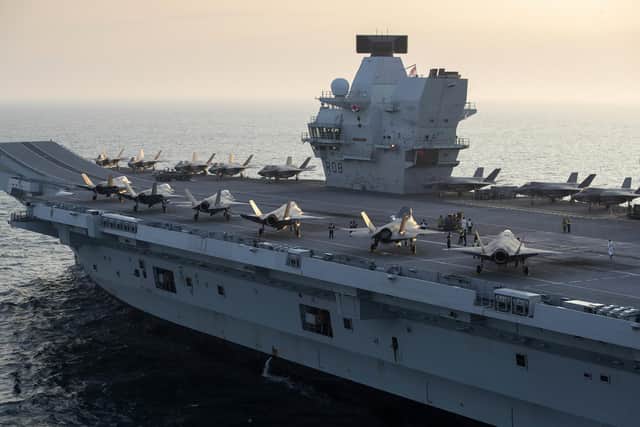 HMS Queen Elizabeth pictured with her embarked group of F-35B stealth jets. Photo: Royal Navy