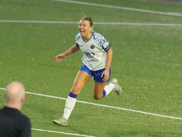 Sarah Butterwort has just scored Hawks' second goal. Picture: Dave Haines